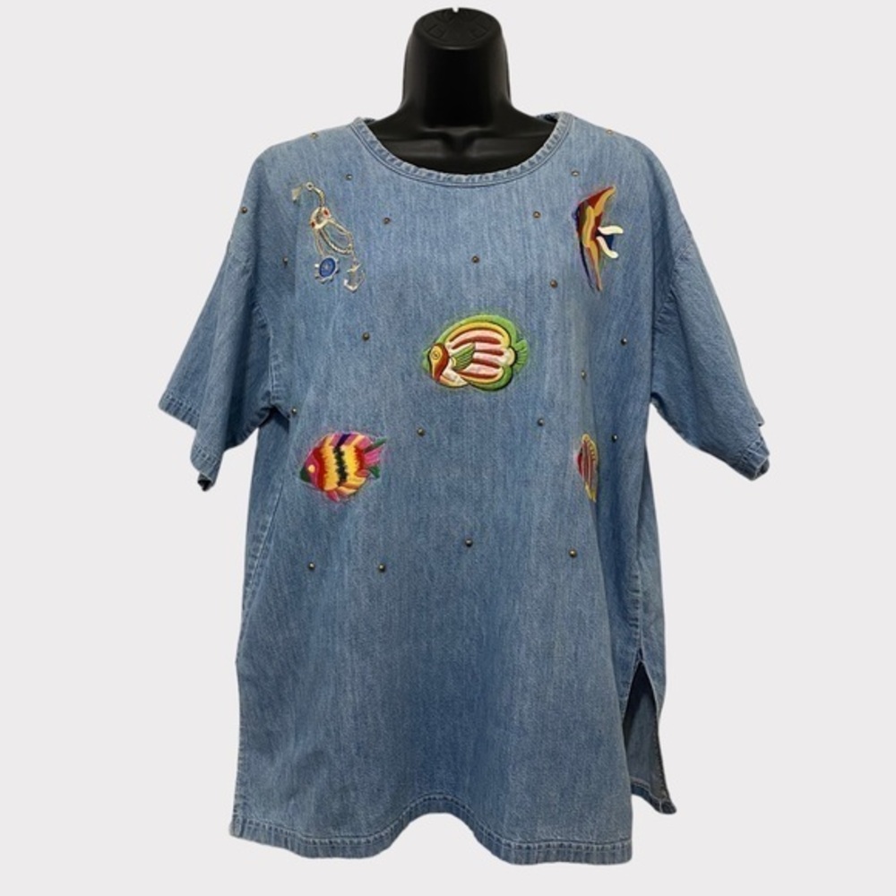 Vintage Tropical Fish Short Sleeve Blue Jean Pullover Shirt One Size Fits Most